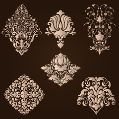 Vector set of damask ornamental elements. Elegant floral abstract elements for design. Perfect for invitations, cards etc.