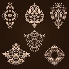 Vector set of damask ornamental elements. Elegant floral abstract elements for design. Perfect for invitations, cards etc.