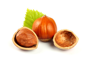 hazelnuts with green leaf isolated on white background