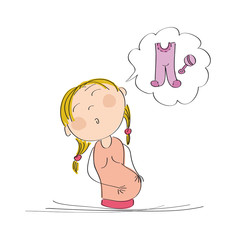 Pregnant woman dreaming of buying clothes and toys for her baby - original hand drawn illustration