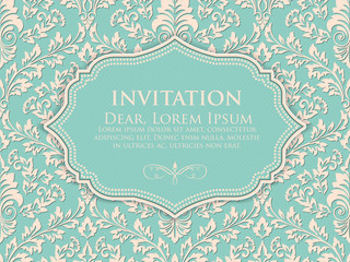Wedding invitation and announcement card with vintage background artwork. Elegant ornate damask background. Elegant floral abstract ornament. Design template.
