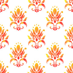 Vector damask seamless pattern background. Elegant luxury texture for wallpapers, backgrounds and page fill. Made with watercolors.