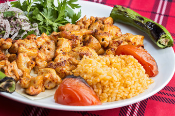 Chicken shish kebab served on the tabel