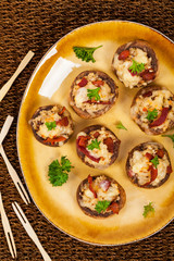 Stuffed Mushrooms with Bacon, Cheese and Breadcrumbs. Selective focus.