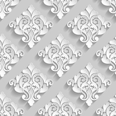 Vector damask seamless pattern background. Elegant luxury texture for wallpapers, backgrounds and page fill. 3D elements with shadows and highlights. Paper cut.
