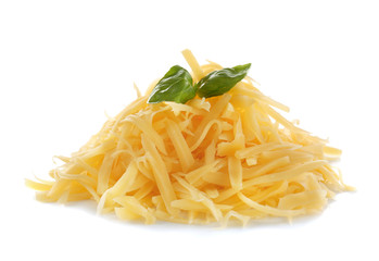 Pile of grated cheese on white background