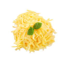 Pile of grated cheese on white background