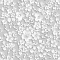 Vector grayscale sakura flower seamless pattern element. Elegant texture for backgrounds. 3D elements with shadows and highlights. Paper cut. Cherry blossom