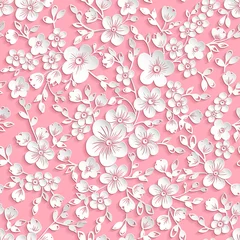 Foto op Plexiglas Lichtroze Vector rode sakura bloem naadloze patroonelement. Elegante textuur voor achtergronden. 3D-elementen met schaduwen en highlights. Papier gesneden. Kersenbloesem