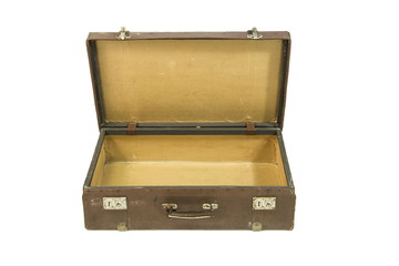 Open vintage suitcase, white background.