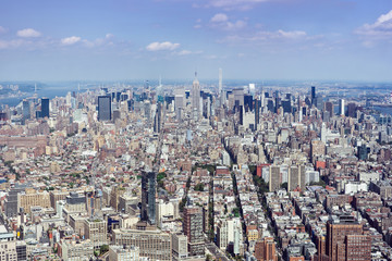 New York City Skyline View Looking North Across Manhattan  A view from the top of a skyscraper,...