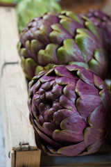 Fototapeta premium Fresh big Romanesco artichokes green-purple flower heads ready to cook