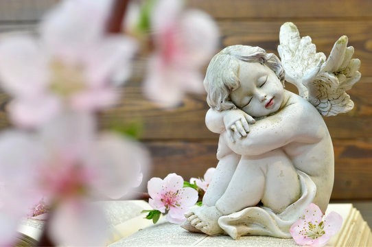 Angel and and spring flowers on wooden background
