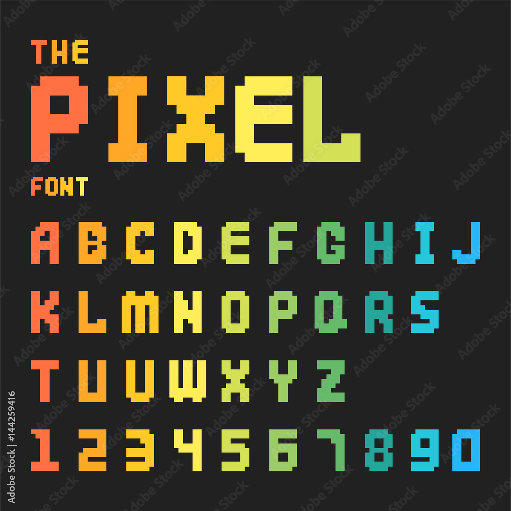 Fototapete pixel retro font video computer game design 8 bit letters numbers electronic futuristic style vector
