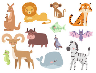 Obraz premium Cute zoo cartoon animals isolated funny wildlife learn cute language and tropical nature safari mammal jungle tall characters vector illustration.