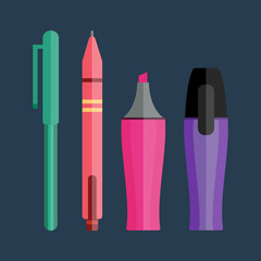 Paint and writing tools collection flat style colored stationery equipment drawing and education artist cartoon sketching vector illustration.