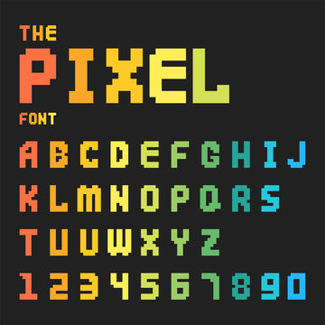 Pixel retro font video computer game design 8 bit letters numbers electronic futuristic style vector abc typeface digital creative alphabet isolated