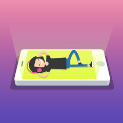 Happy young girl with headphones listening to music on a smartphone screen. Top view / flat editable vector illustration