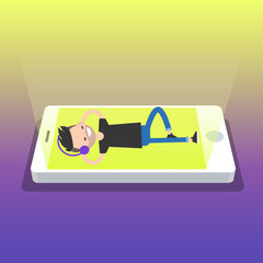 Fototapeta premium Happy young man with headphones listening to music on a smartphone screen. Top view / flat editable vector illustration