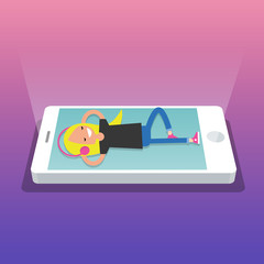 Happy young girl with headphones listening to music on a smartphone screen. Top view / flat editable vector illustration