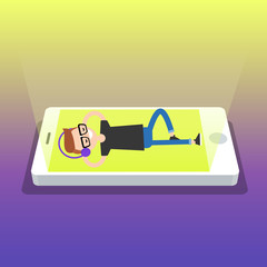 Happy young nerd with headphones listening to music on a smartphone screen. Top view / flat editable vector illustration