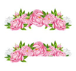 Peony flowers border. Tender pink flowers. Wedding design. Watercolor illustration