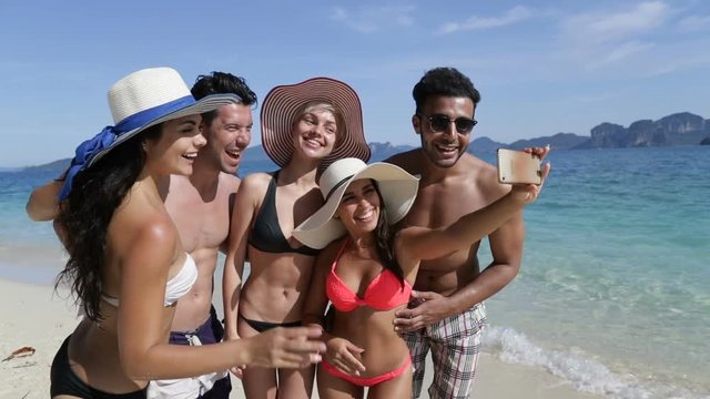 People Take Selfie Photo On Cell Smart Phone On Beach, Happy Smiling Young Tourists Group On Vacation Slow Motion 120