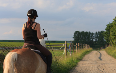 A young woman riding a horse Haflinger