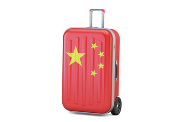 China travel concept, suitcase with Chinese flag. 3D rendering