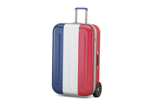 France travel concept, suitcase with French flag. 3D rendering