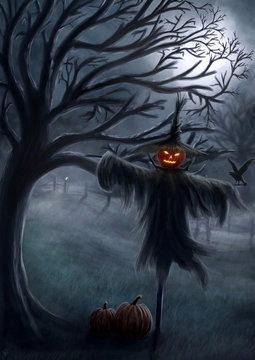 Creepy Halloween Scenery with a Scarecrow - Digital Painting