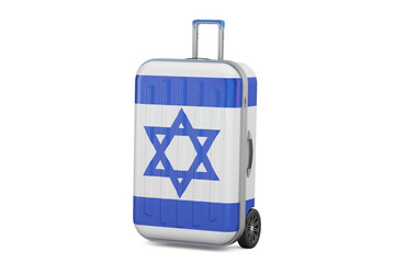Israel travel concept, suitcase with Israeli flag. 3D rendering