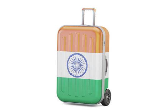 India travel concept, suitcase with Indian flag. 3D rendering