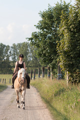 A young woman riding a horse Haflinger