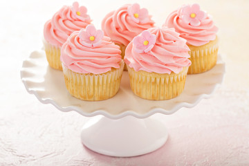 Vanilla cupcakes with pink raspberry frosting