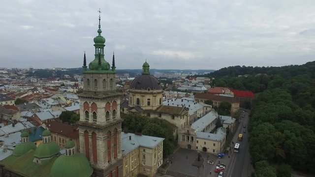 AERIAL flight over ancient church in Lviv.