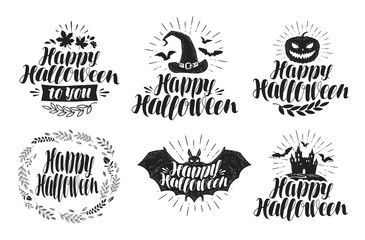 Halloween, label set. Holiday symbol or logo. Handwritten lettering, vector illustration