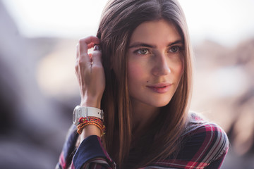 emotional portrait of Fashion stylish portrait of pretty young hipster blonde woman, soft colors