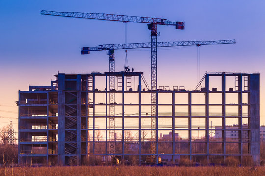 Construction of the frame of a building made of concrete.