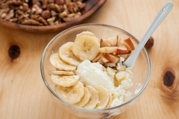 Breakfast, cottage, cheese, sour, cream, banana on white background