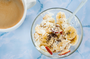 Breakfast, cottage, cheese, sour, cream, banana on white background