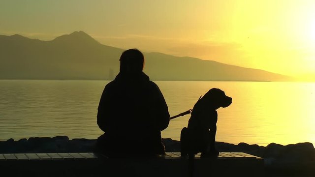 Man with his dog on the seaside at sunset