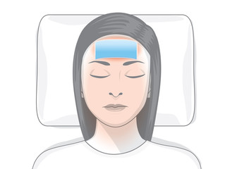 Reduce fever patches on forehead area of ill woman. Illustration about first aid at home. 