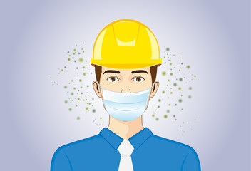 Engineer wearing breath mask and Safety Helmet for protect dust particles and accident when he working. 