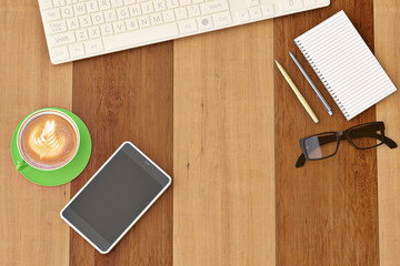 Office desk with notebook glasses keyboard coffee cup and phone top view on wood background.3D illustration.