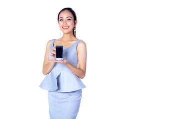 Naklejka premium Young Business woman smile show mobile isolated on white background, model is a asian beauty
