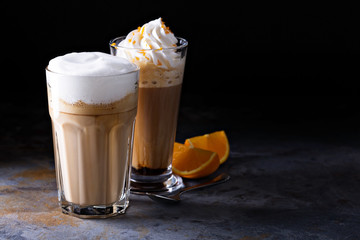 Coffee latte and viennese coffee with whipped cream