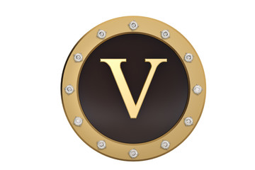 Golden and diamond framed with alphabet V on white background.3D illustration.