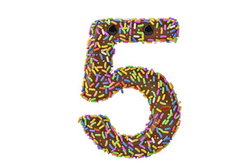 A cartoon donut alphabet number 5 on white background,3D illustration.