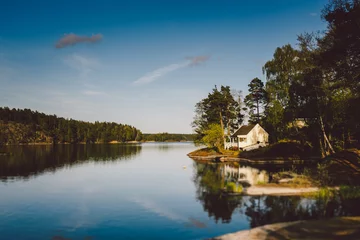 Schilderijen op glas wit houten huis aan het meer © Elizaveta